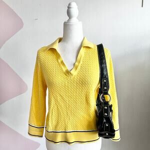 Tommy Hilfiger Yellow Cable Knit Sweater, Preppy Y2K Classic Retro Coastal Large